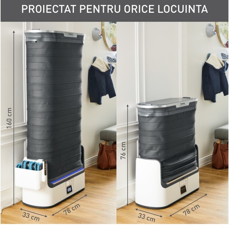 Aparat vertical automat cu aburi, de netezire a cutelor, igienizare si improspatare, Tefal Care For You YT4050E1, 1800W, abur variabil 65 g/min, 2L, detector rezervor gol, sistem anticalcar incorporat, ultra silentios, alb/ gri