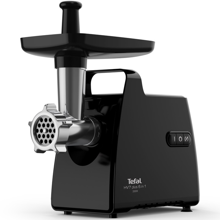 Masina de tocat carne Tefal HV7 Plus 6 in 1 NE553838, 2000 W, 2.8 kg/min, accesorii pentru kebbe, carnati, suc de rosii, 3 grile din inox, functie reverse, negru