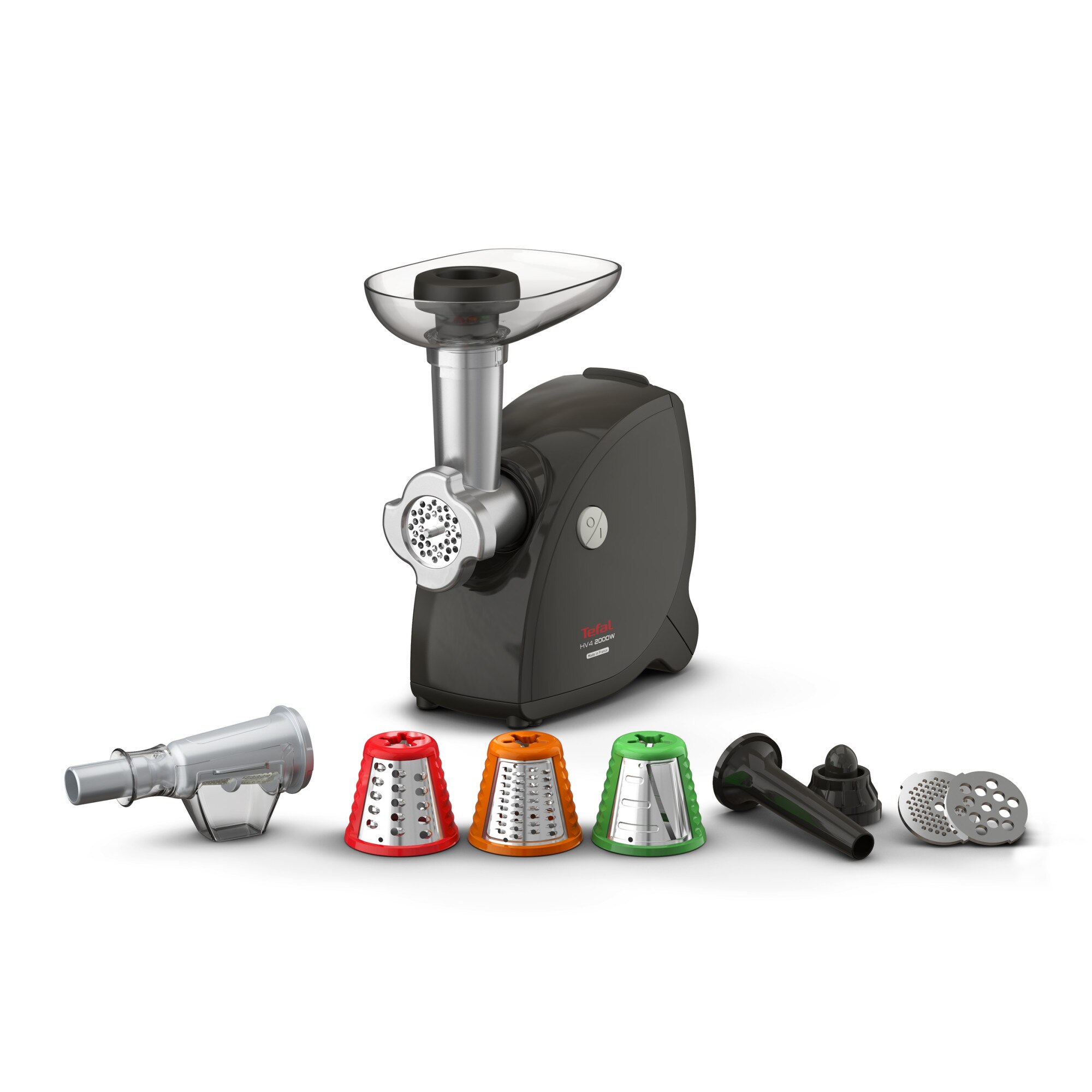 Masina de tocat carne Tefal NE477838, capacitate 2.3kg/min, 2000W, set 3 grile de inox, set 3 conuri pentru razuit, sertar pentru depozitare, accesoriu carnati/suc de rosii/kebbe, negru