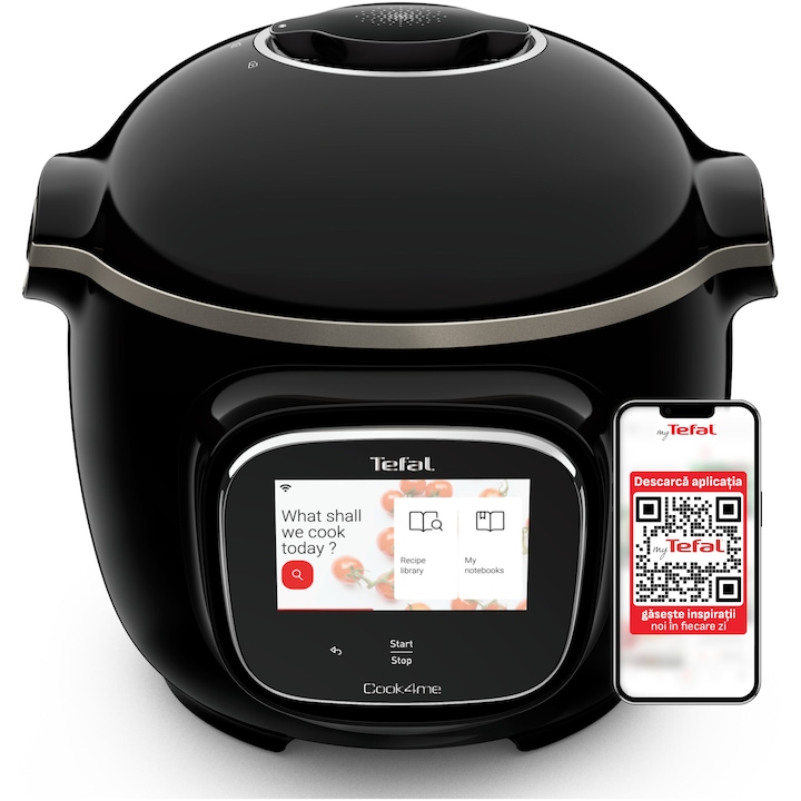 Multicooker inteligent cu gatire sub presiune Tefal Cook4me Touch CY912831, 1600W, capacitate vas antiaderent 6L, 13 programe de gatire, Wi-Fi, ecran tactil LCD, aplicatie dedicata, pana la 6 persoane, negru