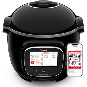 Multicooker inteligent cu gatire sub presiune Tefal Cook4me Touch CY912831, 1600W, capacitate vas antiaderent 6L, 13 programe de gatire, Wi-Fi, ecran tactil LCD, aplicatie dedicata, pana la 6 persoane, negru