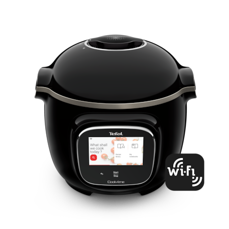Pachet promo: Multicooker inteligent cu gatire sub presiune Tefal Cook4Me Touch CY912831, 1600W, cu conexiune WiFi, aplicatie dedicata, 13 programe de gatire, ecran tactil, pana la 6 persoane, Capacitate Vas 6L, Negru + Accesoriu pentru prajit 4 programe, temperatura ajustabila TEFAL Cook4Me Extra Crisp Lid EY150830