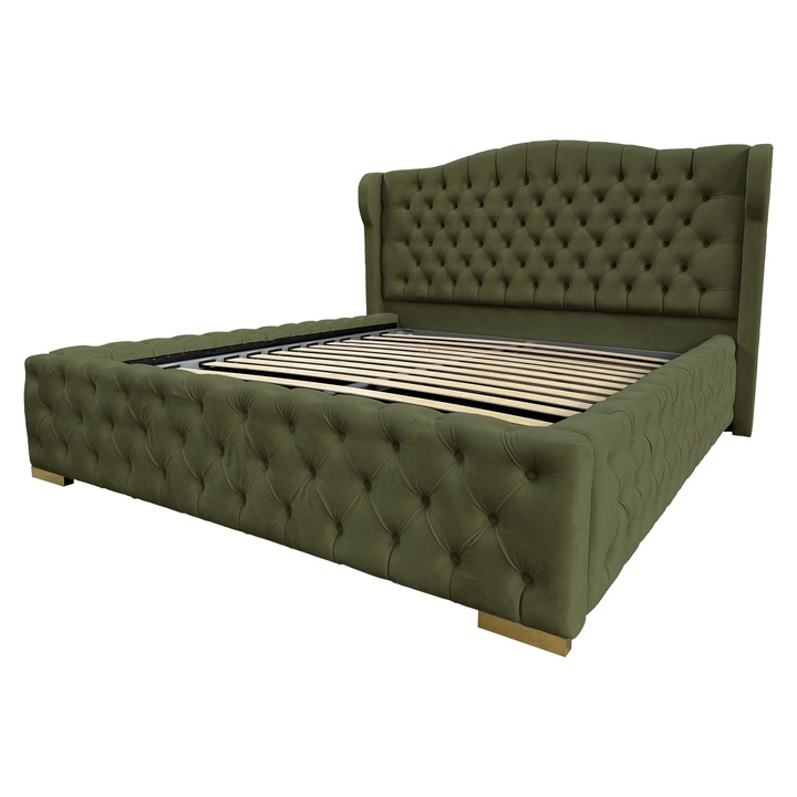 Pat tapitat Casper Luxury, cu lada de depozitare si somiera rabatabila, verde maslin, F11, 180x200 cm