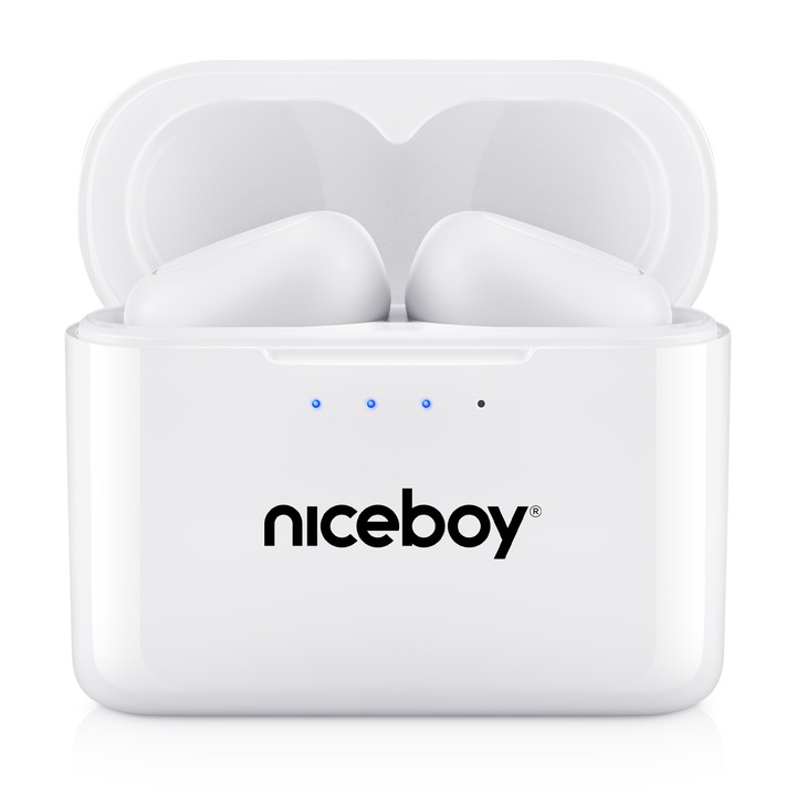 Niceboy HIVE Podsie 3 in-ear fülhallgató, True Wireless, Bluetooth 5.1, Zajcsökkentés, Mikrofon, hangasszisztens, Játék mód, mobil alkalmazás, érintésvezérlés, IP54, gyors töltés, akár 35 órás autonómia, fehér