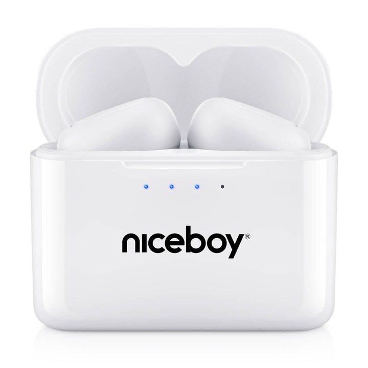 Casti audio in-ear Niceboy HIVE Podsie 3, True Wireless, Bluetooth 5.1, Noise Reduction, Microfon, asistent vocal, mod Gaming, aplicatie mobila, control tactil, IP54, incarcare rapida, autonomie de pana la 35 ore, alb