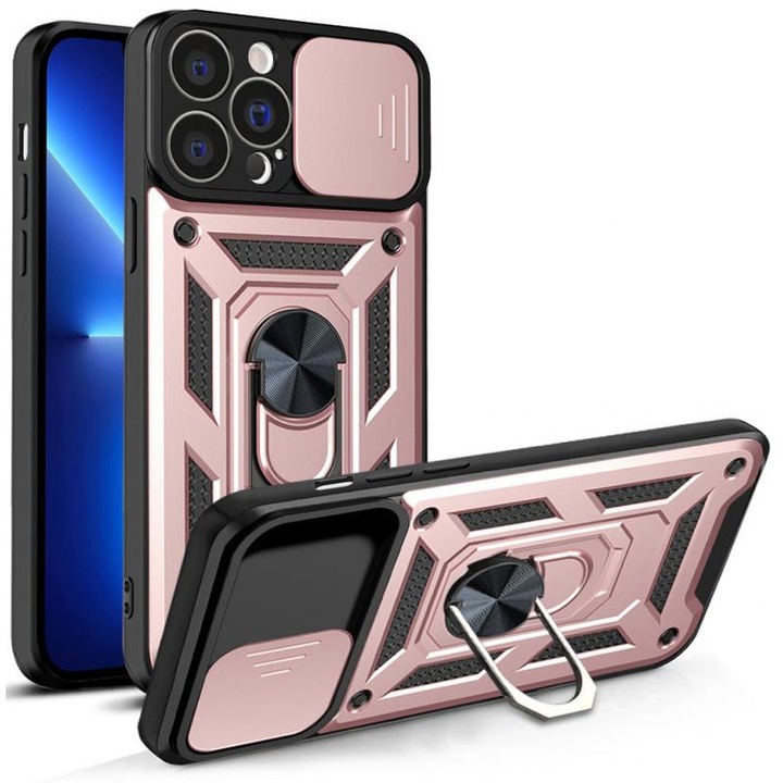 Кейс с протектор за камера HQWear Hybrid Armor Camshield за iPhone 13 Pro, розов