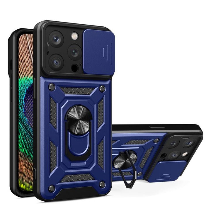 Кейс с протектор за камера HQWear Hybrid Armor Camshield за iPhone 14 Pro Max, син