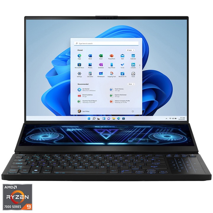Laptop Gaming ASUS ROG Zephyrus Duo 16 GX650PZ cu procesor AMD Ryzen™ 9 7945HX pana la 5.40 GHz, 16", QHD+, Mini LED, 240Hz, 32GB DDR5, 1TB SSD, NVIDIA® GeForce RTX™ 4080 12GB GDDR6 TGP 175W, Windows 11 Pro, Black