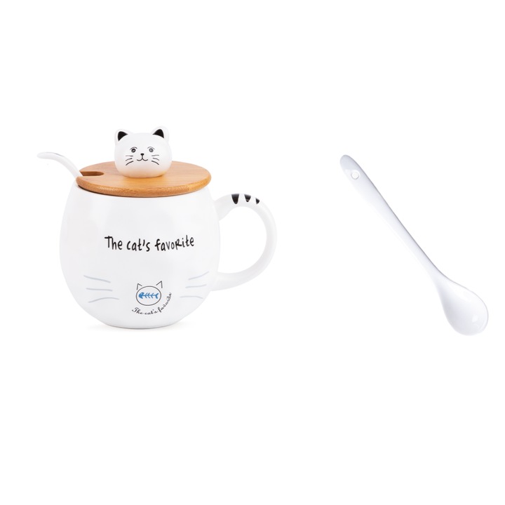 Cana cu capac, NOTWAIT, Pisica, Cu lingurita, Ceramica/Lemn, 400ml, Multicolor