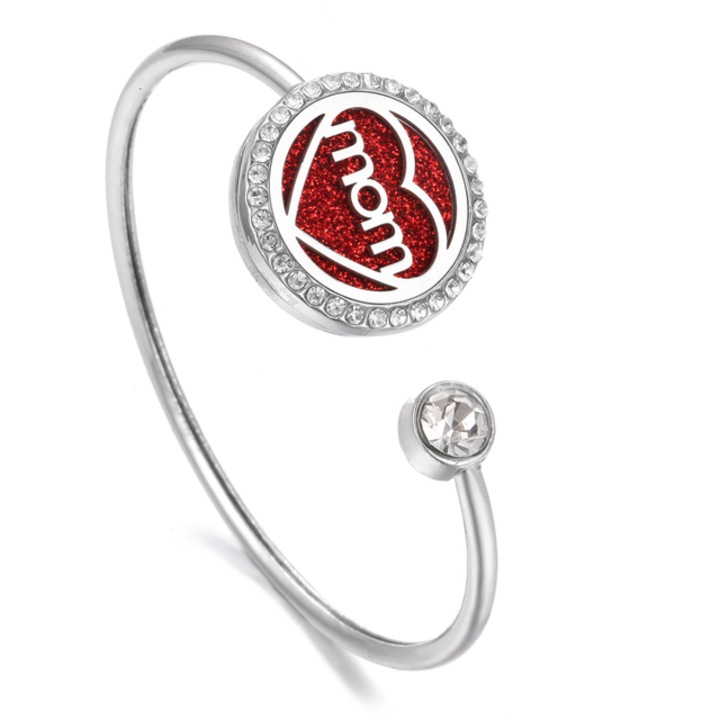 Set Bratara fixa tip difuzor si 10 discuri fetru, aromaterapie sau parfum, Mom, argintiu