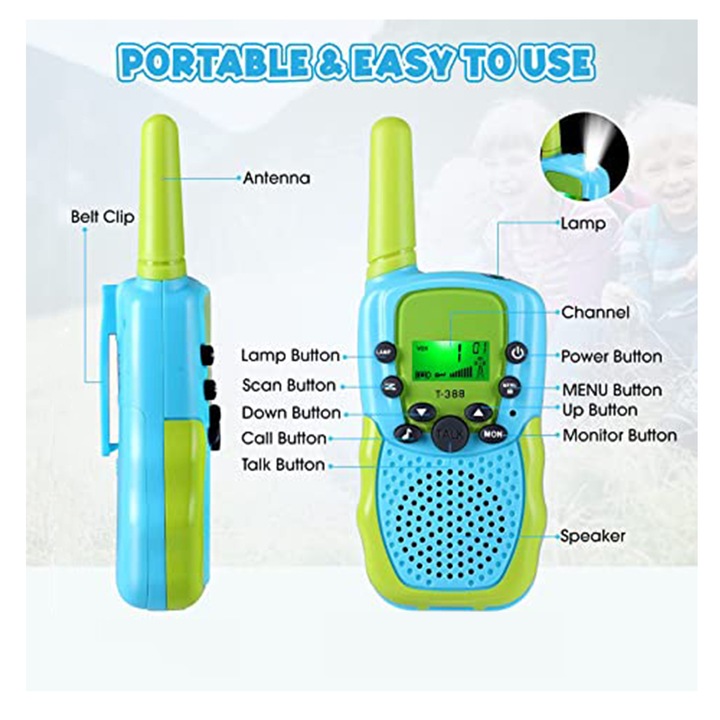Set 2 Walkie Talkie pentru copii, NOTWAIT, Plastic, Ecran LCD, 6Km, 22 Canale, Verde/Albastru