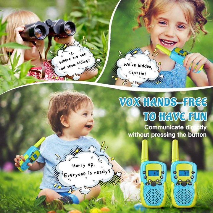 Set 2 Walkie Talkie pentru copii, NOTWAIT, Plastic, Ecran LCD, 6Km, 22 Canale, Verde/Albastru