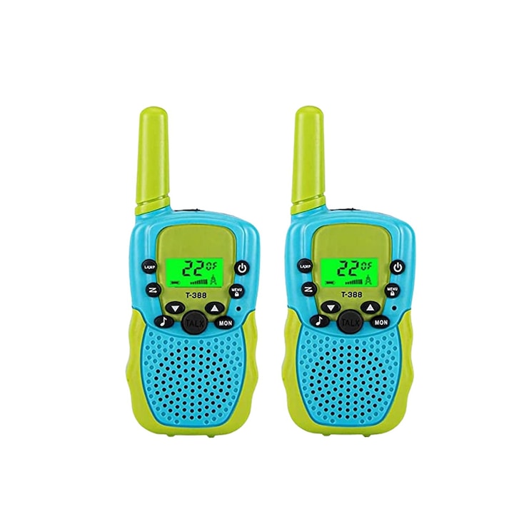 NOTWAIT walkie talkie gyerekeknek, 2db, műanyag, LCD képernyő, 6 km hatótávolság, 22 csatorna, zöld/kék