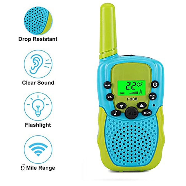 Set 2 Walkie Talkie pentru copii, NOTWAIT, Plastic, Ecran LCD, 6Km, 22 Canale, Verde/Albastru