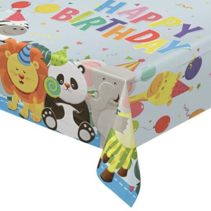 Fata de masa pentru aniversari sau petreceri de copii, multicolor, cu animalute, 180 x 120 cm