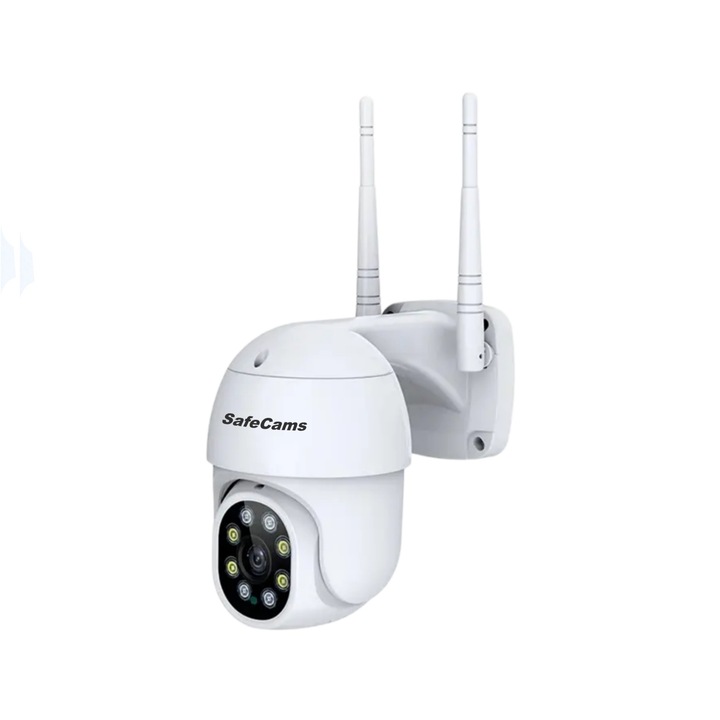 Safecams 5 MP 4k WIFI megfigyelő kamera, AI mesterséges intelligencia, emberi alak felismerés, riasztás, kültéri/belső, 4X zoom, forgatható, LED világítás, kétirányú kommunikáció, kártya/felhő tárolás, mozgásérzékelő, fehér színű