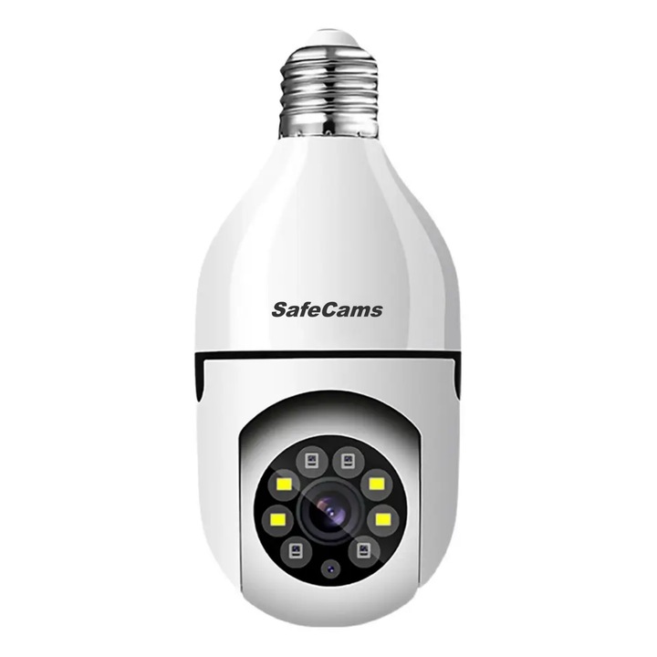 SafeCams 5MP Full HD megfigyelő kamera, izzóként is használható, riasztás, 360°-os izzó áttekintés, mozgásérzékelő, automatikus nyomkövetés, mesterséges intelligencia, emberi test követése, egyszerű telepítés, fehér