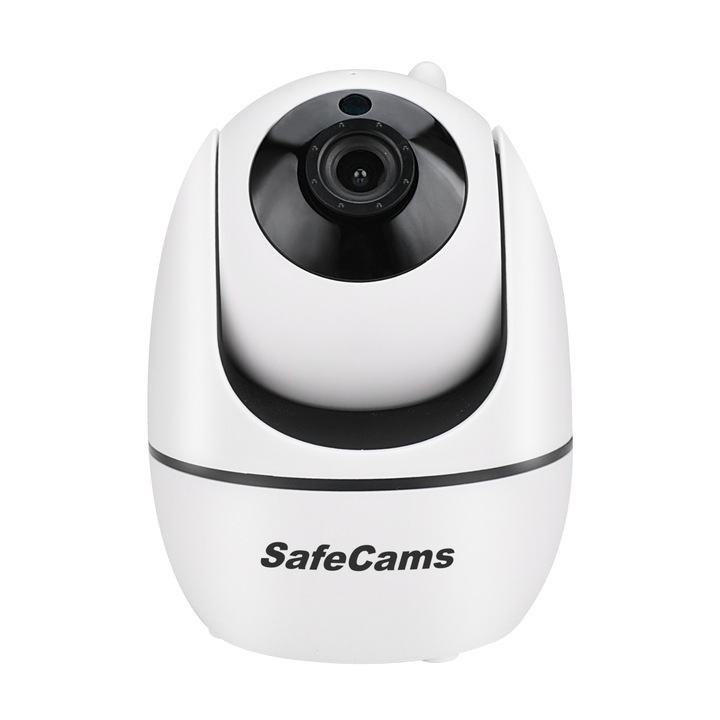 SafeCams 3MP Full HD megfigyelő kamera, beltéri, riasztó, mesterséges intelligencia A.I., emberi test érzékelés, kétirányú hang, éjszakai látás, gyors telepítés, felhő biztonsági mentés és 128G maximális kártya, fehér színű