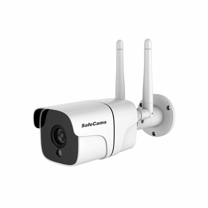 SafeCams 3mp Full HD megfigyelő kamera, időjárásálló, beltéri/kültéri, riasztó, mesterséges intelligencia, kétirányú hang, éjjellátó, gyors telepítés, felhőmentés és kártya akár 128G, fém ház, fehér színű