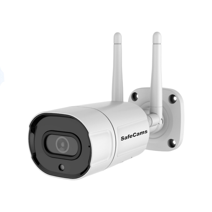 SafeCams 5mp Full HD megfigyelő kamera, vandálbiztos, beltéri/kültéri, riasztás, mozgásérzékelés, mesterséges intelligencia, kétirányú hang, éjszakai látás, gyors telepítés, felhőmentés és kártya akár 128G, fém ház, fehér színű