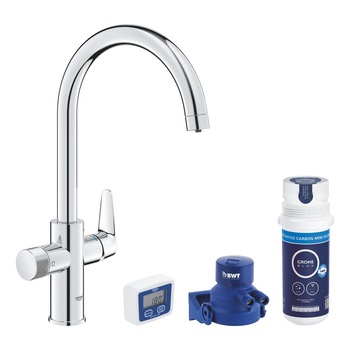 Kit robinet pentru chiuveta, Grohe, Blue Pure Startcurve, agitator cu carbune activ, crom