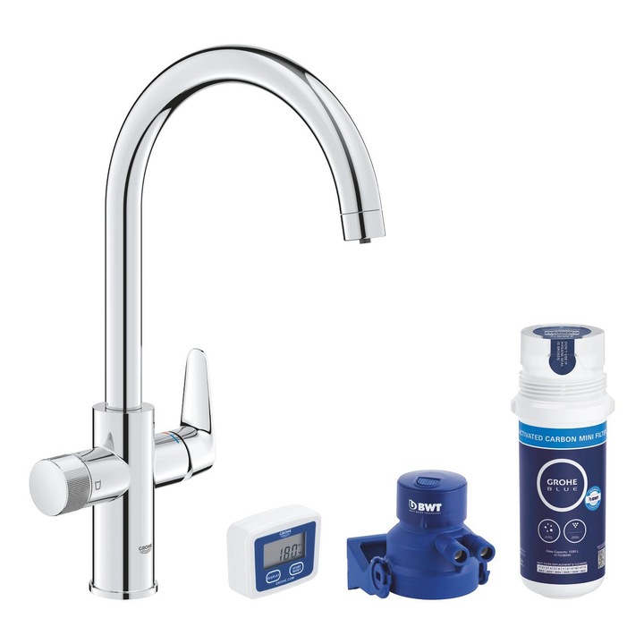 Grohe 30593000 Blue Pure Startcurve kezdőkészlet, aktív szén rűrő, egykaros mosogató csaptelep, J kivitel,Blue aktívszén szűrő, időszámláló, króm