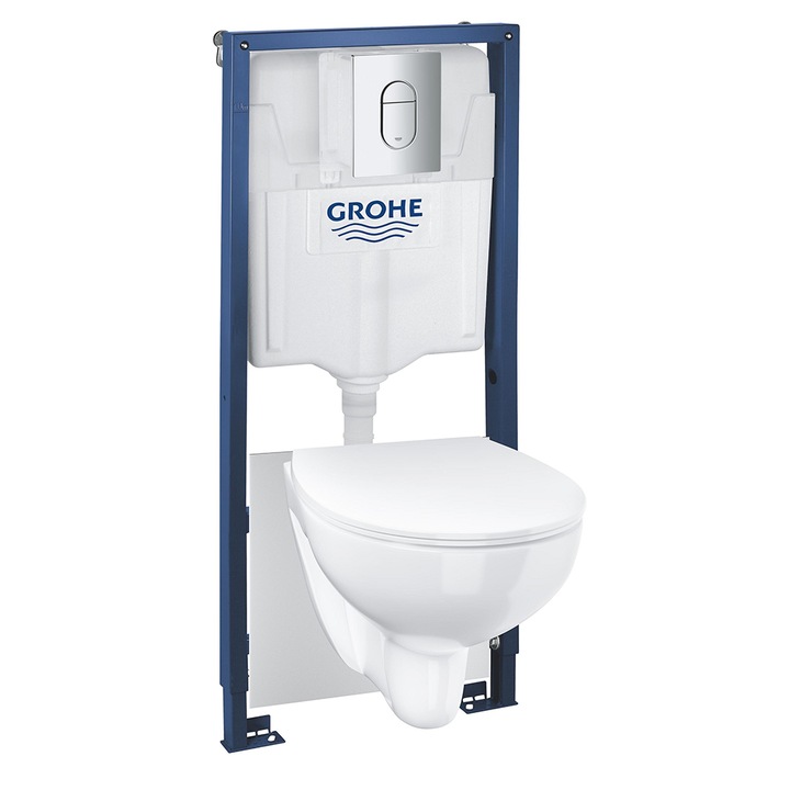 Pachet WC Grohe 5in1 Solido 39902000, suspendat, incastrat, clapeta actionare, capac slim, rimless, Alb