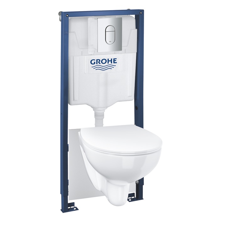 Комплект тоалетна чиния WC Grohe 5in1 Solido 39902000, Окачена, За вграждане, Задвижващ клапан, Тънък капак, Rimless, Бял