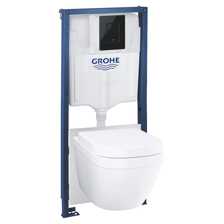 Grohe 39941000 Solido 5 az 1-ben beépíthető WC szett, 1,13 méteres beépítési magasság, Rapid SL falsík mögötti WC tartály, Even nyomólap (fényes fekete), Euro Ceramic fali WC, Euro Ceramic ülőke