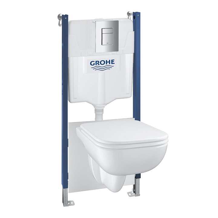 Комплект тоалетна чиния WC Grohe Solido Edge 39816000, Рамка, Rimless, SoftClose, Монтажни елементи, Плоча за задействане, Шумоизолация, Бял/Хром