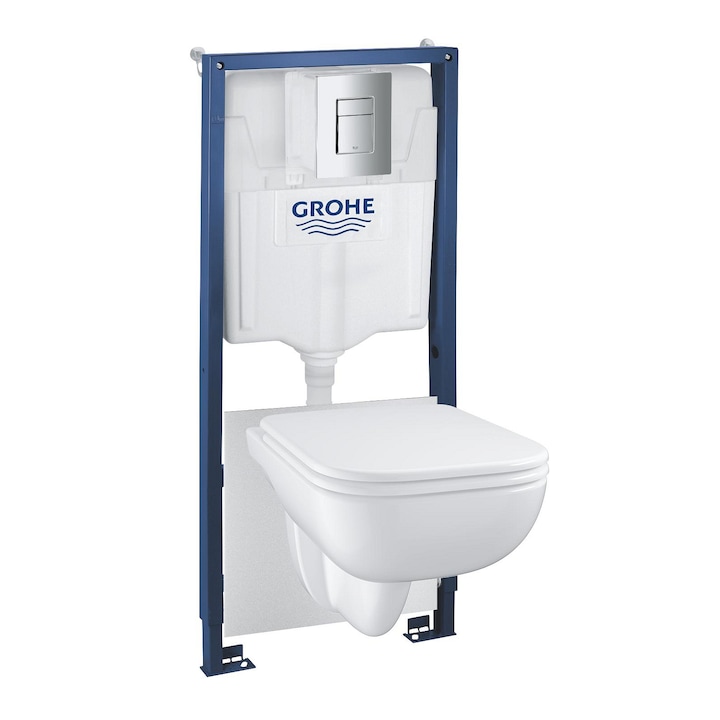 Комплект тоалетна чиния 5in1 WC Grohe Solido Edge 39817000, Рамка, Rimless, SoftClose, Монтажни елементи, Плоча за задействане, Бял/Хром