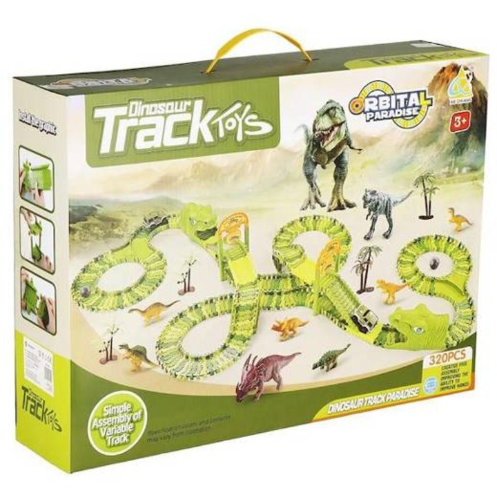 Pista de curse Springos pentru copii, parc de dinozauri, 320 de elemente cu figuri de dinozauri, verde/maro, plastic, 3+