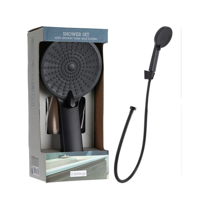 Cap de dus cu furtun, Excellent, 3 Functii, Inox, 11cm, Negru