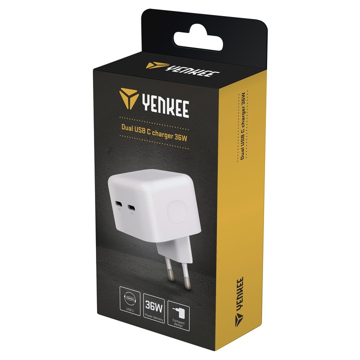 YENKEE, YAC 2133, Dual USB C hálózati töltő, 36W, fehér