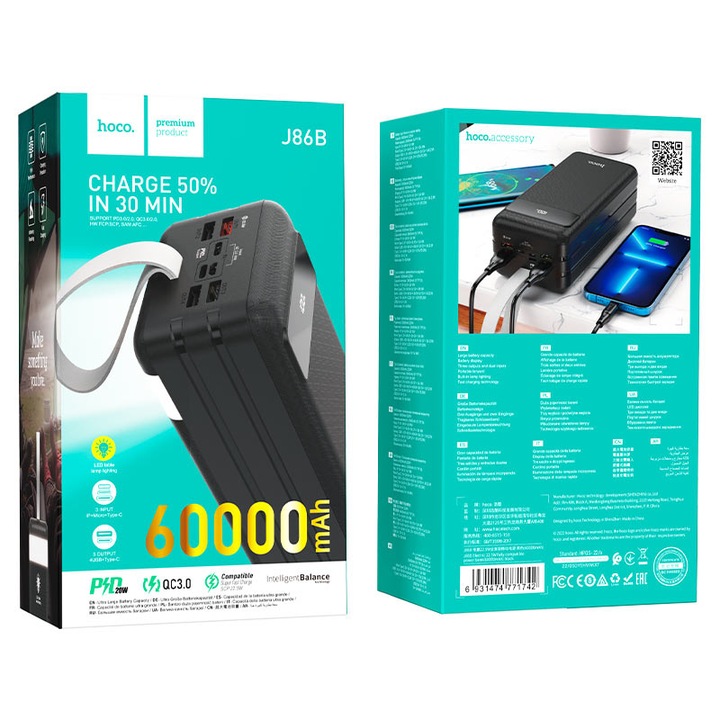 Acumulator extern HOCO J86B, 60000 mA, Power Delivery (PD) - Quick Charge 3.0 - Standard Charge (5V), 22.5W, Negru