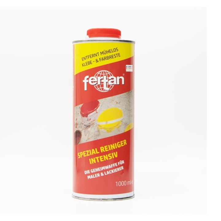 Agent special intensiv de curatat adeziv, vopsea, etichete, abtibilduri, banda mascara de pe diferite suprafete: metal, sticla, lemn, parchet, piatra, PVC, plastic - Fertan Spezial Reiniger Intensiv 1l