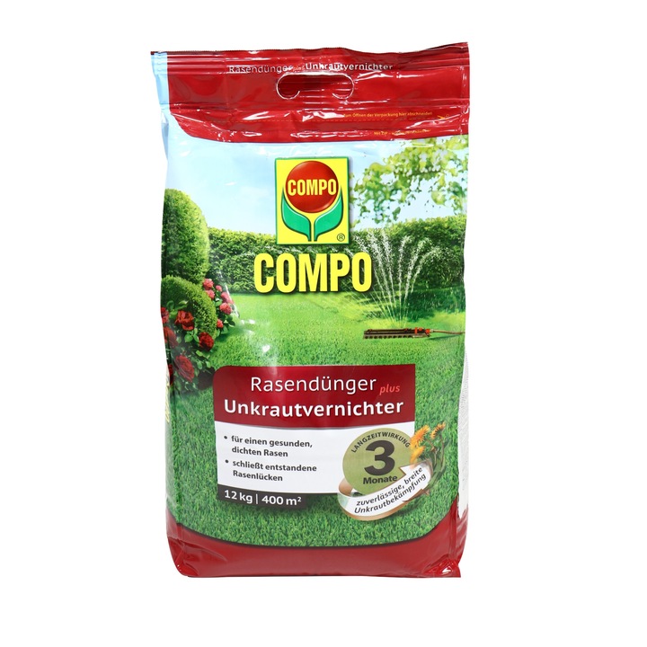 Ingrasamant gazon Compo, combinatie optima de ierbicid si fertilizator, 12 kg, 400mp, granule