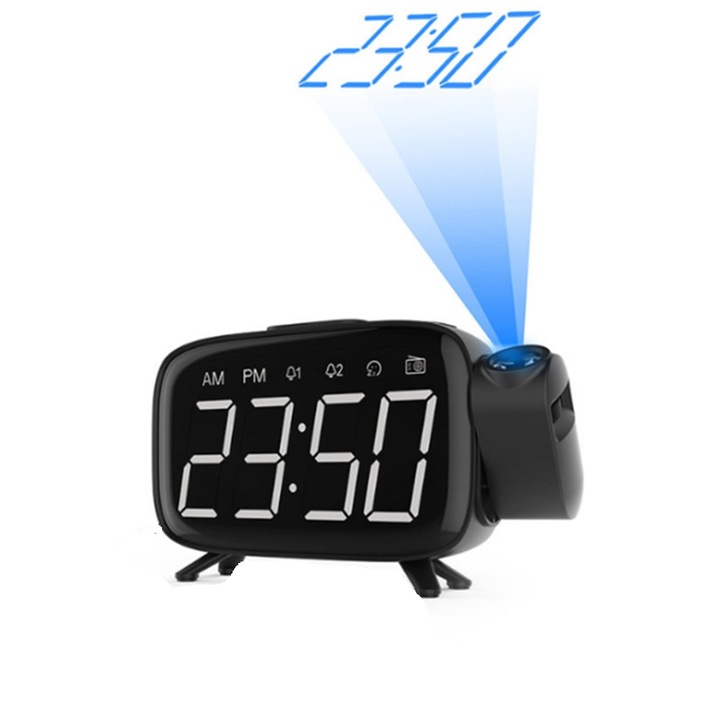 Ceas cu proiector, LED, Cu alarma, Negru