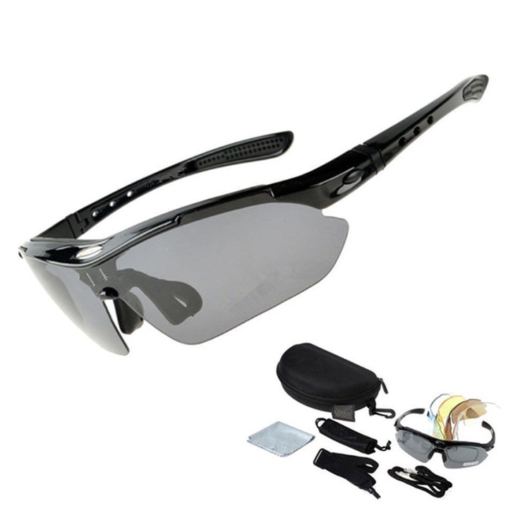 Спортни слънчеви очила, 5 чифта стъкла, UV400, черни