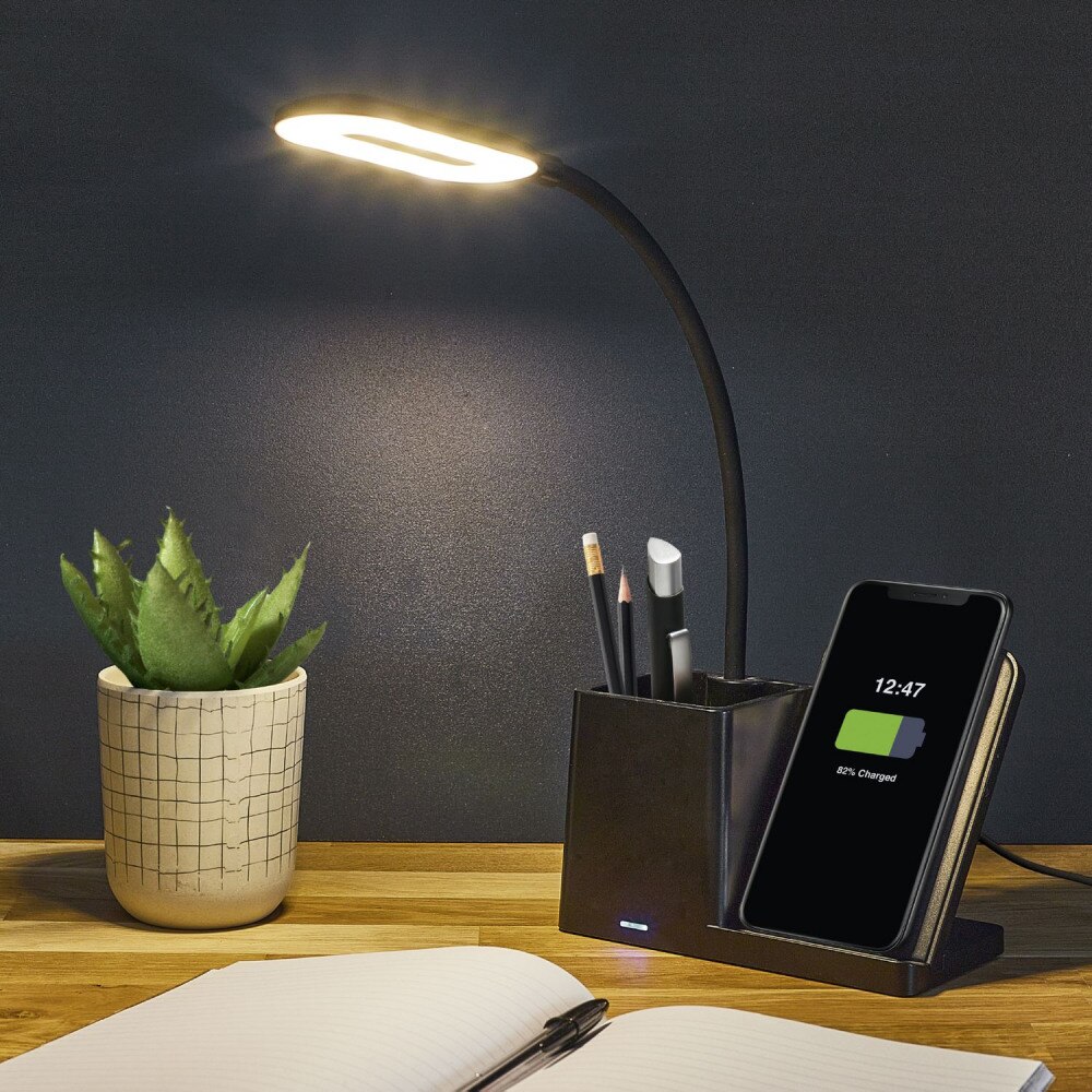 Lampa de birou LED cu suport pixuri si incarcator rapid wireless pentru  telefon EVTrend®, lumina - rece, calda sau galbena, control touch,  pliabila, alimentare USB, Negru 