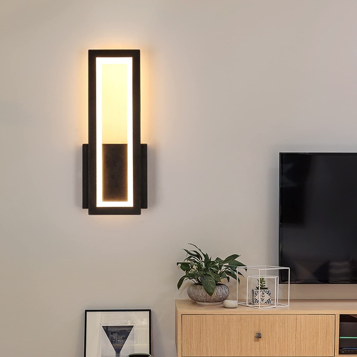 LED стенна лампа, Toollight, акрилна, правоъгълна, 12w, 220v, 32 * 12 * 5 cm, топла светлина, черна