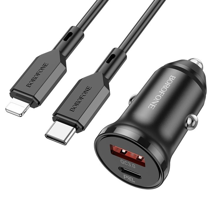 Autós töltő Borofone Bz18a Dual Usb A Qc 18w Usb C Pd 20w C típusú kábellel - Kompatibilis iPhone készülékkel - Fekete