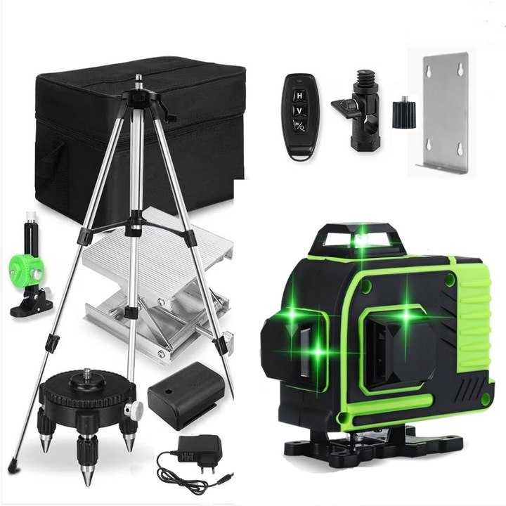 Nivela laser 4D cu 16 linii, MOSMAOO, 360°, Trepied 150 cm, Lumina verde, Negru/Verde