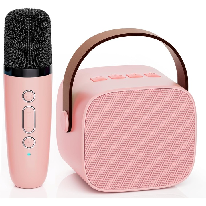 Boxa portabila tip karaoke cu microfon wireless pentru copii, conexiune bluetooth, stocare extinsa cu card pana la 32 GB, roz