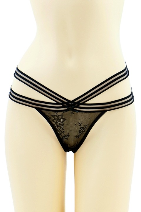 Chiloti sexy tanga cu accente dantela si benzi rafinate 87481negru 78985, Negru