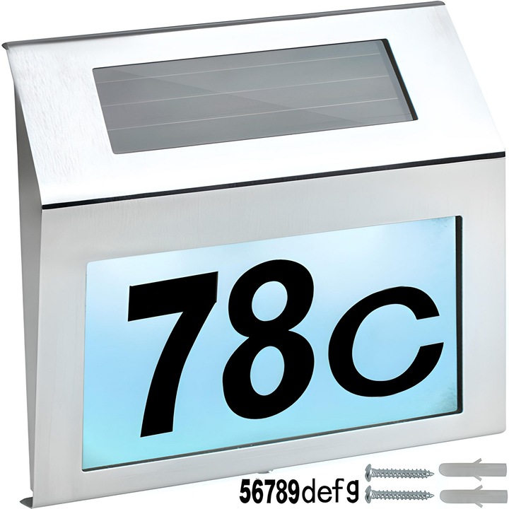 Numar de casa, cu incarcare solara, lumina prin led, otel inoxidabil