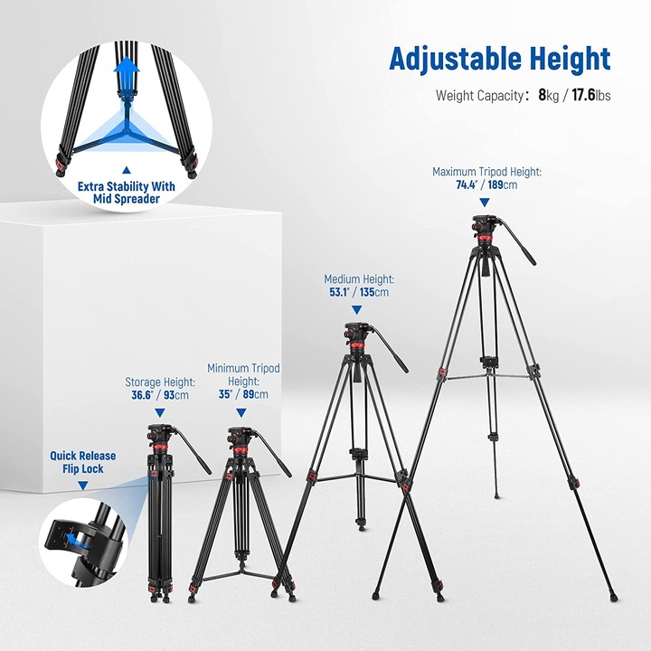 Trepied video 89 cm-189cm, profesional, cu cap fluid si placuta metalica cu eliberare rapida, cu pivotare 360° si inclinare +90°/-75°, greutate maxima suportata 8 kg, pentru Camera Video, Camera DSLR, Camcoder, Gimbal Manfrotto
