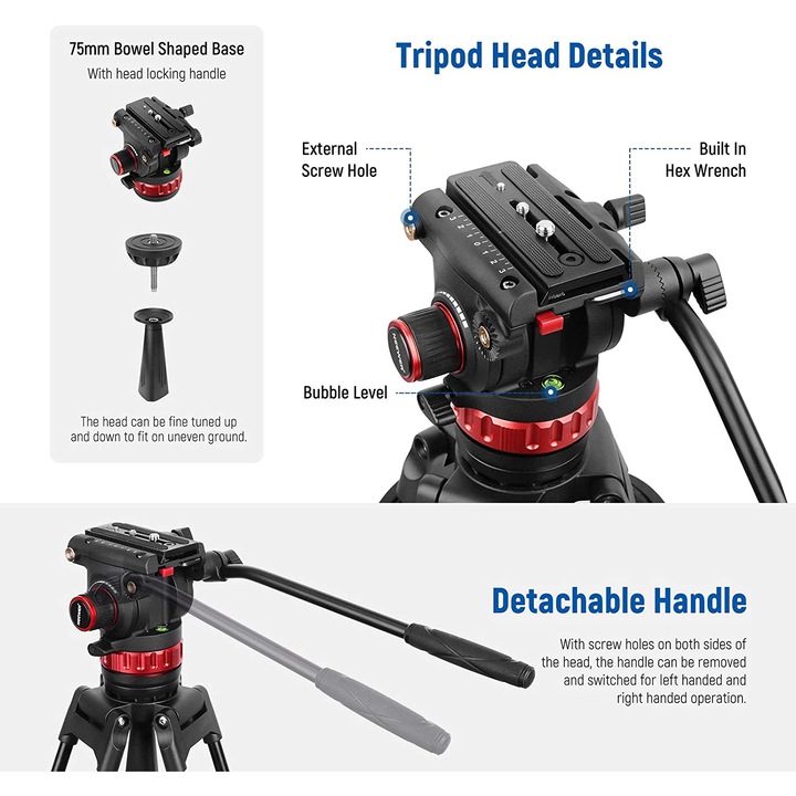 Trepied video 89 cm-189cm, profesional, cu cap fluid si placuta metalica cu eliberare rapida, cu pivotare 360° si inclinare +90°/-75°, greutate maxima suportata 8 kg, pentru Camera Video, Camera DSLR, Camcoder, Gimbal Manfrotto