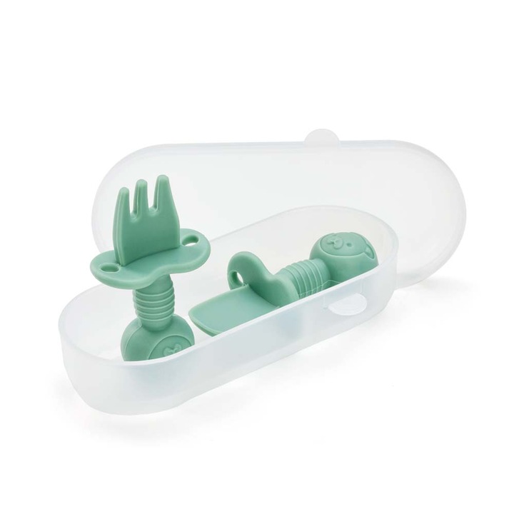 Set tacamuri antrenament si exercitiu bebelusi, silicon alimentar cu furculita si lingurita anti-gag, Dodoli, 10cm, Verde Cyan