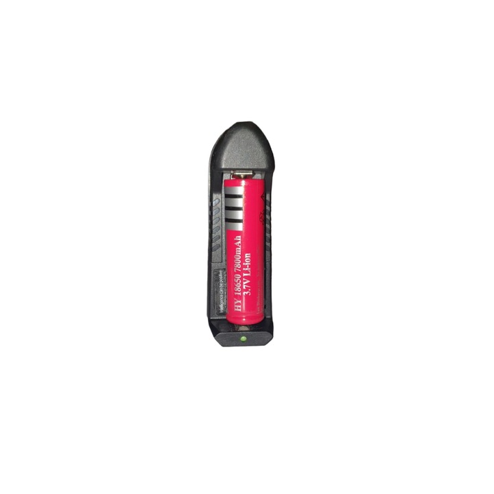Set 1 acumulator si incarcator, 3.7v tip 18650, 7800 mAh, Li-On, indicator LED incarcare, Negru
